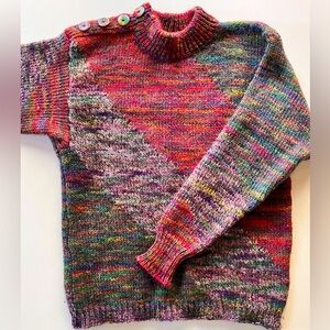 Hand knit wool sweater in jewel tones, mock turtleneck. Size XS. Like new.